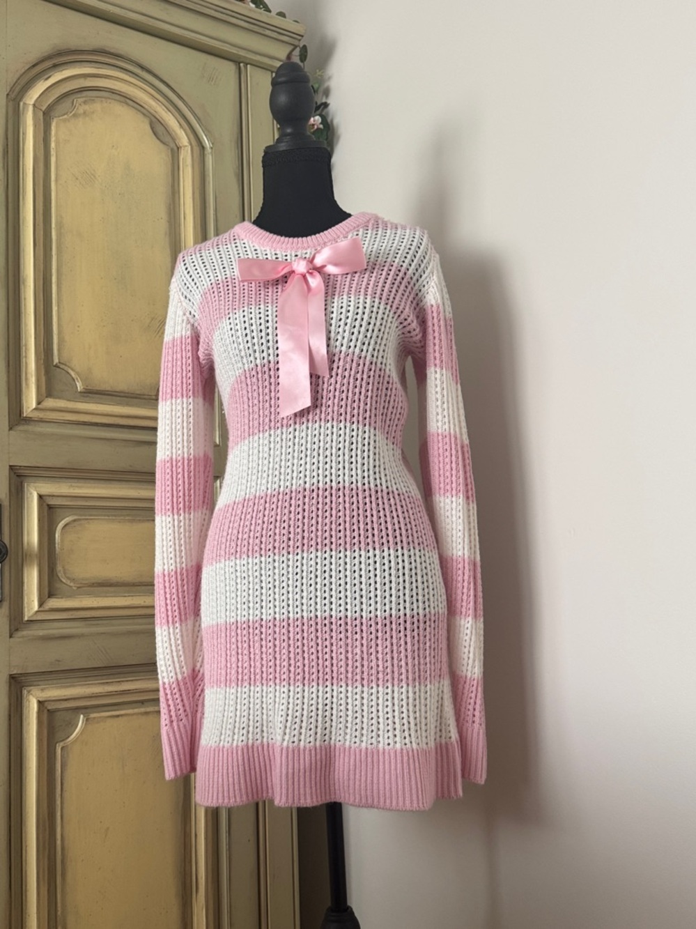 Striped Pink and White Knit Long-Sleeve Dress with Bow